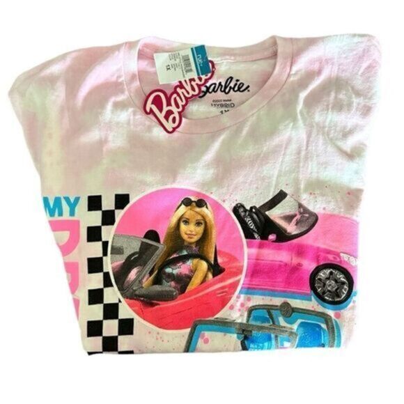 NWT Women’s Teens Barbie Short Sleeve Tee Short Top Tie Dye Pink Dream Car - 1XL - Picture 1 of 6